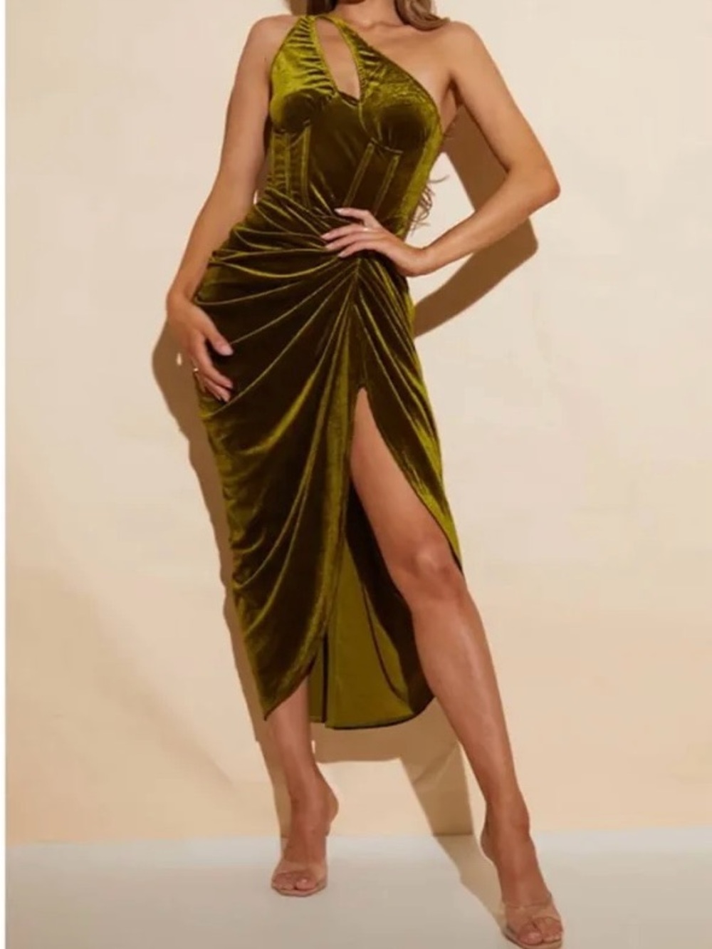 PrettyLittleThing Olive Velvet Slip Dress
